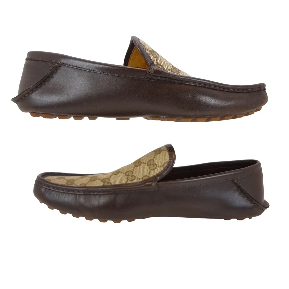 Gucci Driving Loafers Mens 12 Brown Good GG Supreme Canvas Leather Slip On COA